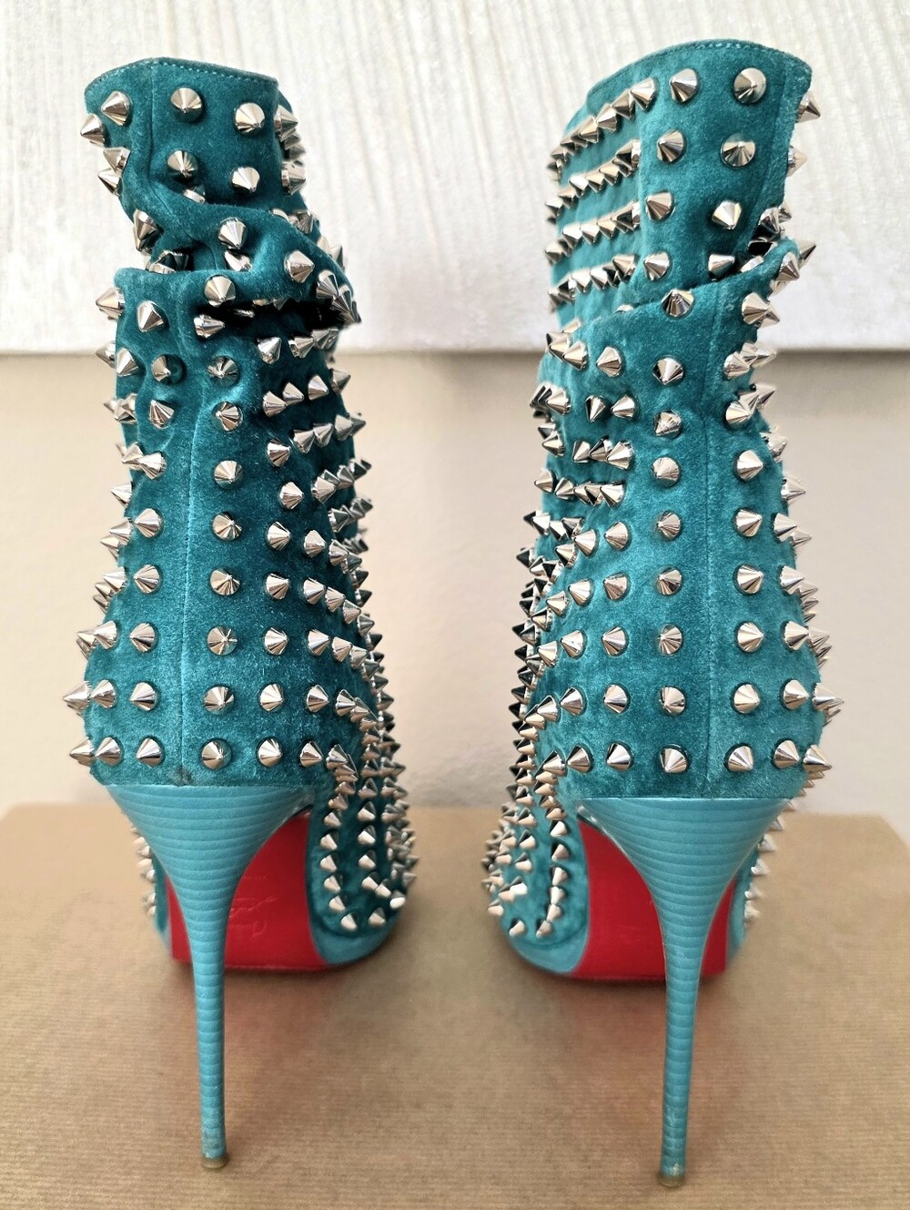 Christian Louboutin Aqua Suede Silver Spiked Open Toe Ankle Boots Size 38 US 7-9 - Picture 9 of 14